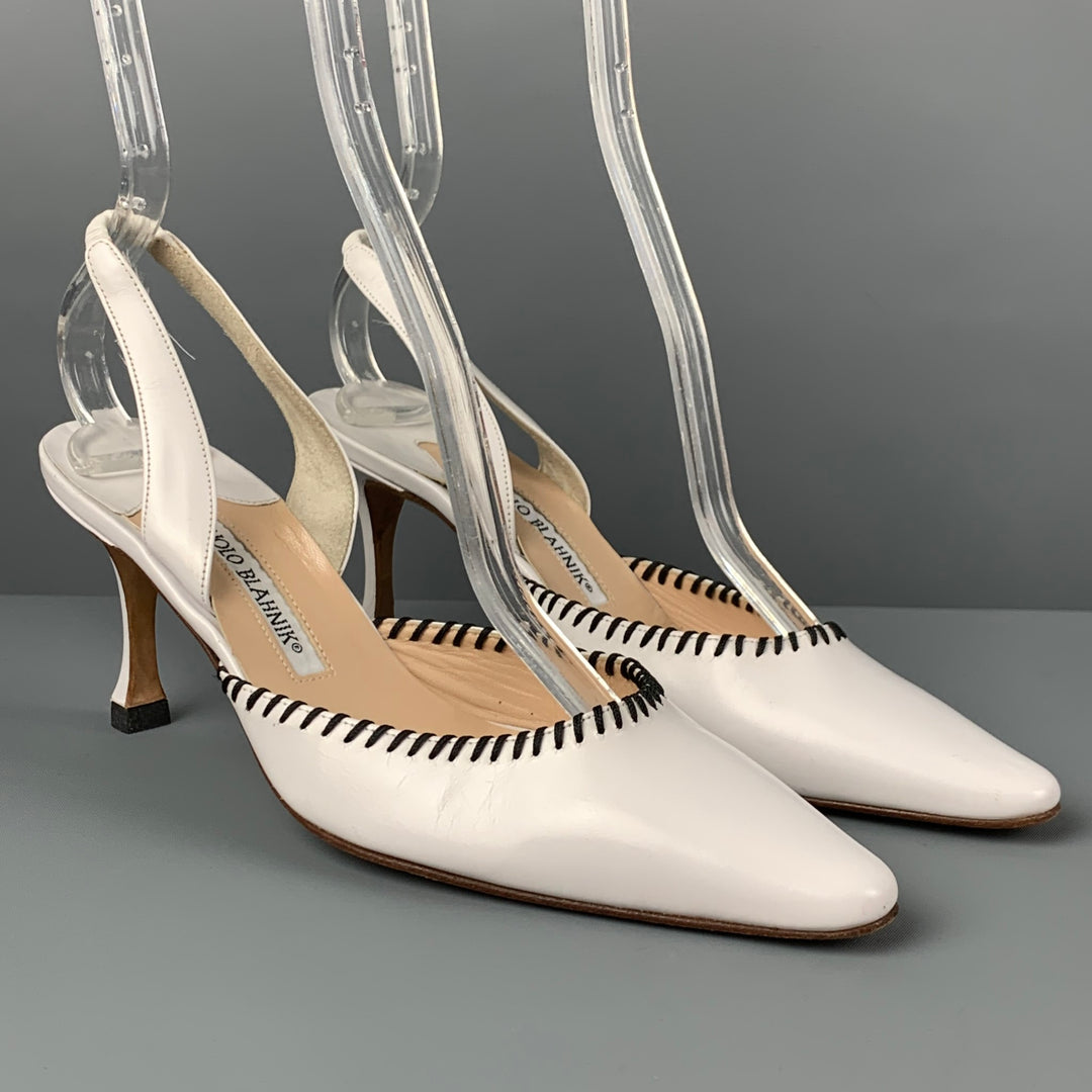 MANOLO BLAHNIK Size 6.5 White Leather Slingback Pumps