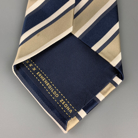 ERMENEGILDO ZEGNA Navy & Taupe Diagonal Stripe Silk Tie