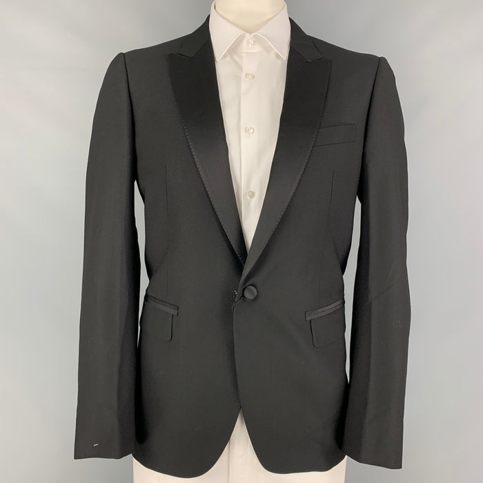 LANVIN Size 44 Black Wool Peak Lapel Sport Coat