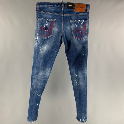DSQUARED2 Size 32 Blue Distressed Cotton  Elastane Button Fly Jeans