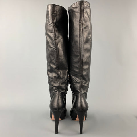 PRADA Taille 10 Bottes hautes en cuir noir