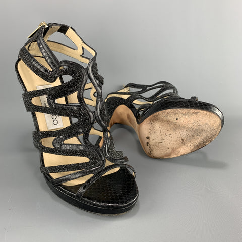 JIMMY CHOO Talla 7 Sandalias de tiras de cuero con purpurina y piel de serpiente negra