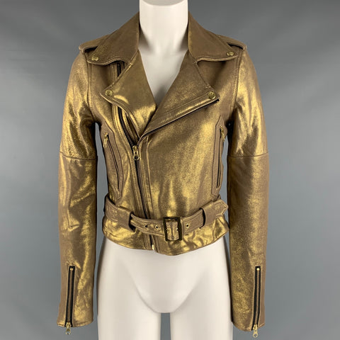 REBECCA MINKOFF Taille XS Veste de motard en cuir d'agneau métallisé en cuir doré (extérieur)