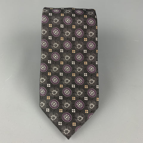 ERMENEGILDO ZEGNA Charcoal & PLum Floral Pattern Silk Tie