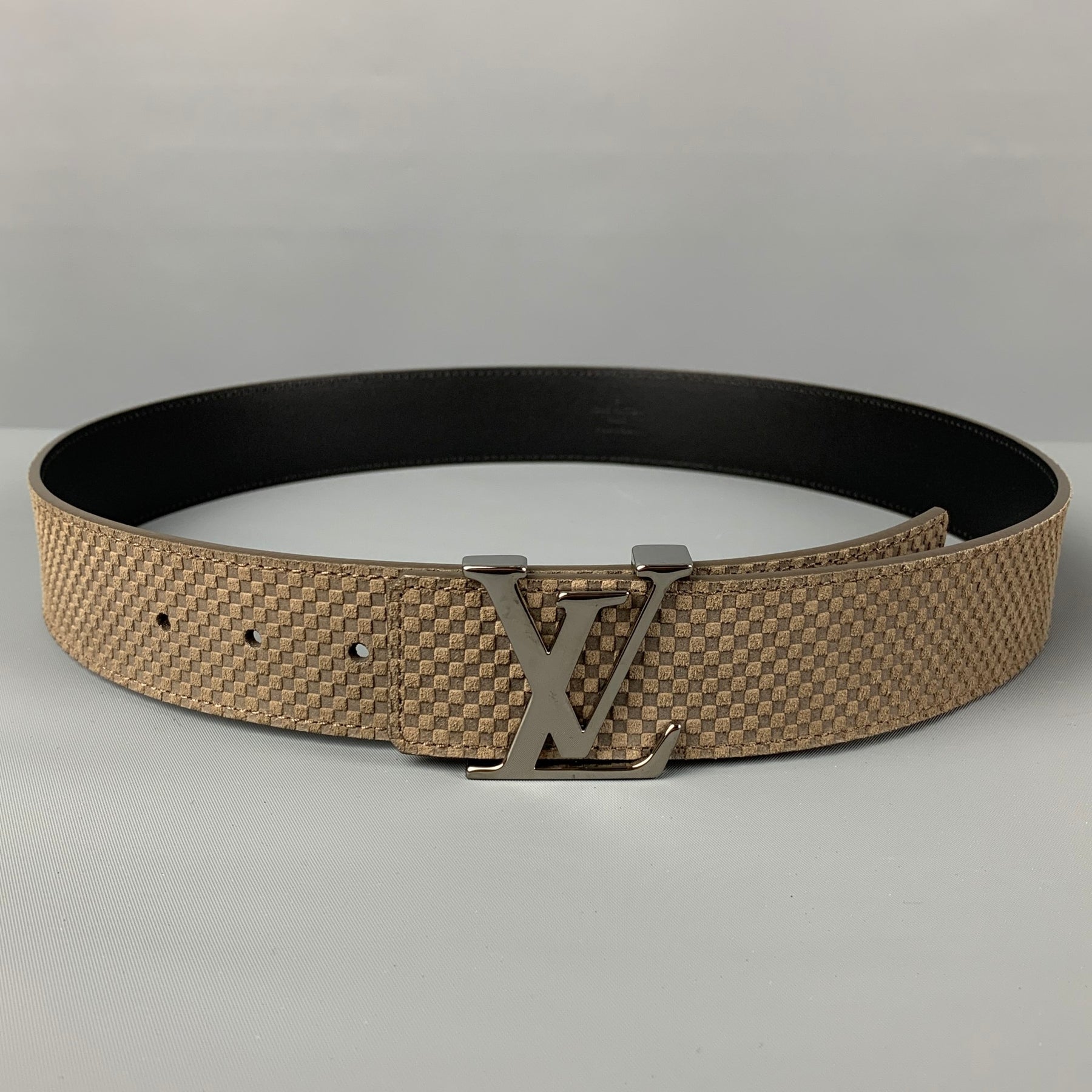 LOUIS VUITTON Size 34 Taupe Checkered Leather Belt at 1stDibs