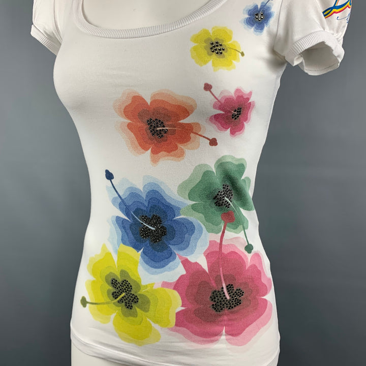 LOVE MOSCHINO Size 4 White Multicolor Cotton / Elastane Flower Rhinestones T-Shirt