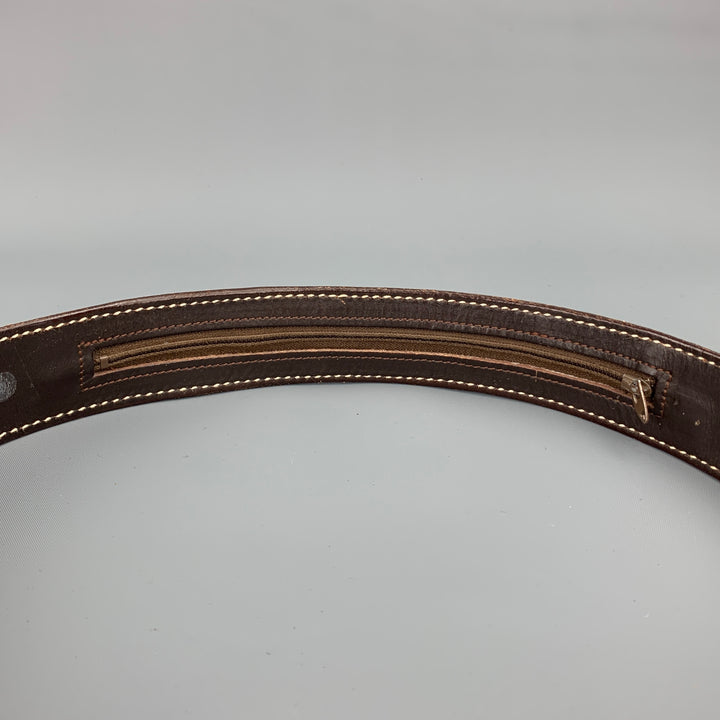 VINTAGE Size 32 Brown Carved Leather Money Belt Strap
