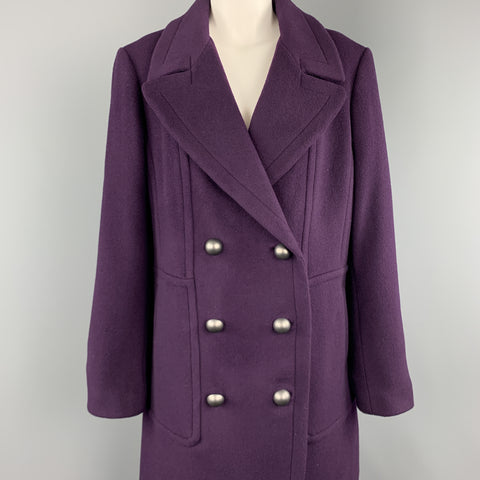 ELIE TAHARI Size L Purple Wool Blend Double Breasted Metal Button Coat