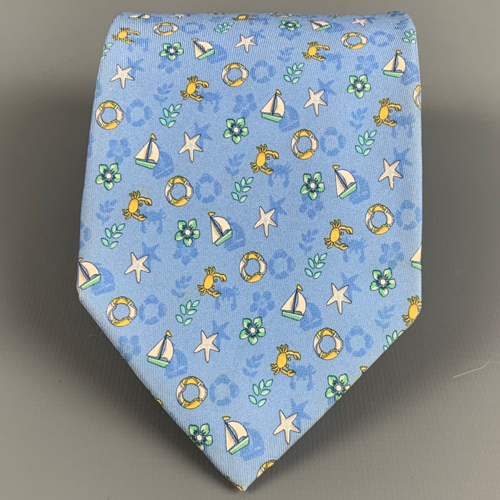 SALVATORE FERRAGAMO Blue White Seashells Silk Tie