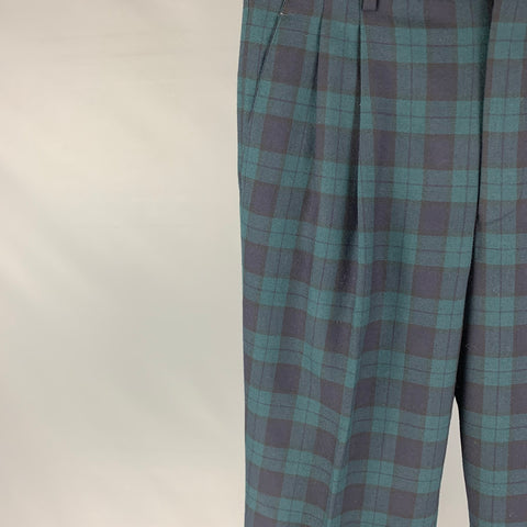 PAUL FREDERICK Size 32 Green Navy Blackwatch Plaid Wool Pleated Dress Pants