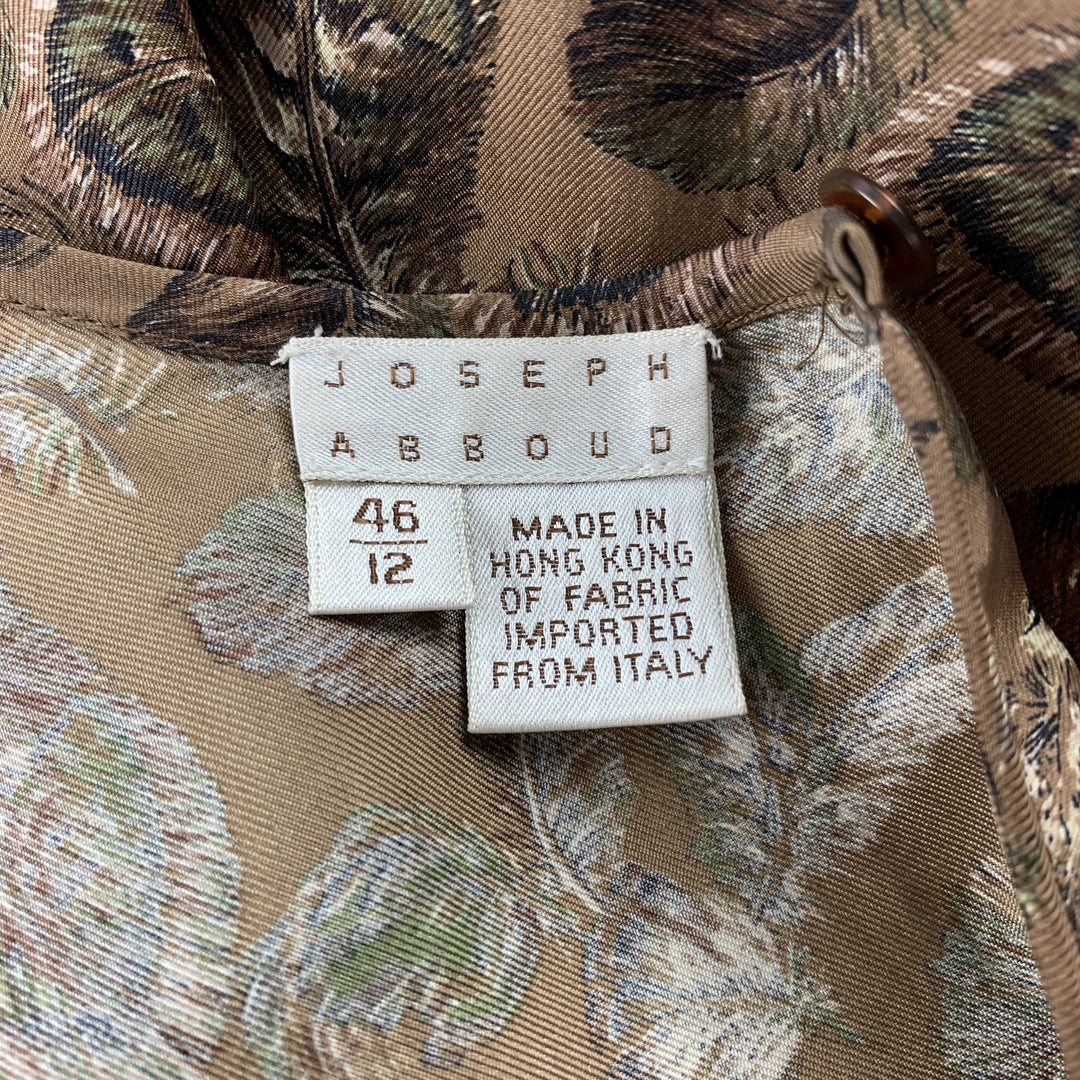 JOSEPH ABBOUD Size 12 Brown Feather Print Silk Blouse