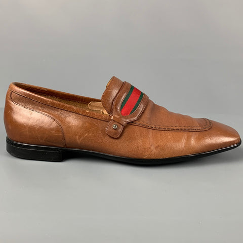 Vintage GUCCI Tamaño 7.5 Bronceado Verde Rojo Slip On Mocasines