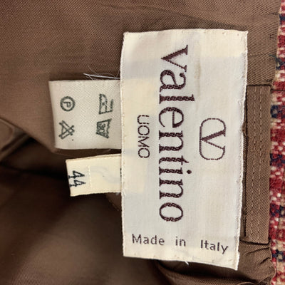 Vintage VALENTINO Size 34 Tan Burgundy Brown Plaid Wool Notch Lapel Sport Coat