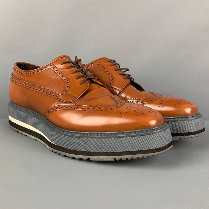 PRADA Size 9.5 Tan Grey Perforated Leather Wingtip Lace Up Shoes
