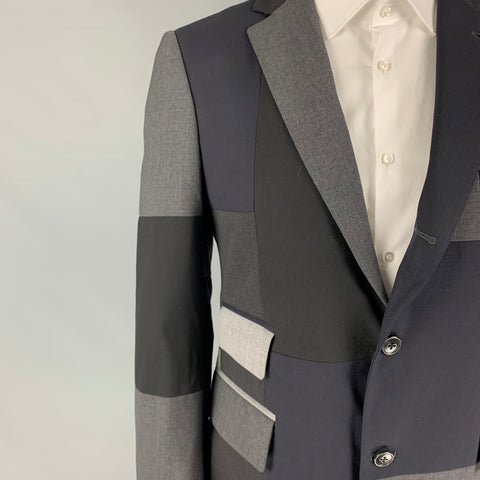 WOOSTER + LARDINI Size 44 Navy Grey Patchwork Wool Notch Lapel Sport Coat