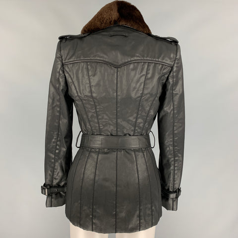 JEAN PAUL GAULTIER Size 6 Black Coated Cotton Double Breasted Belted Jacket