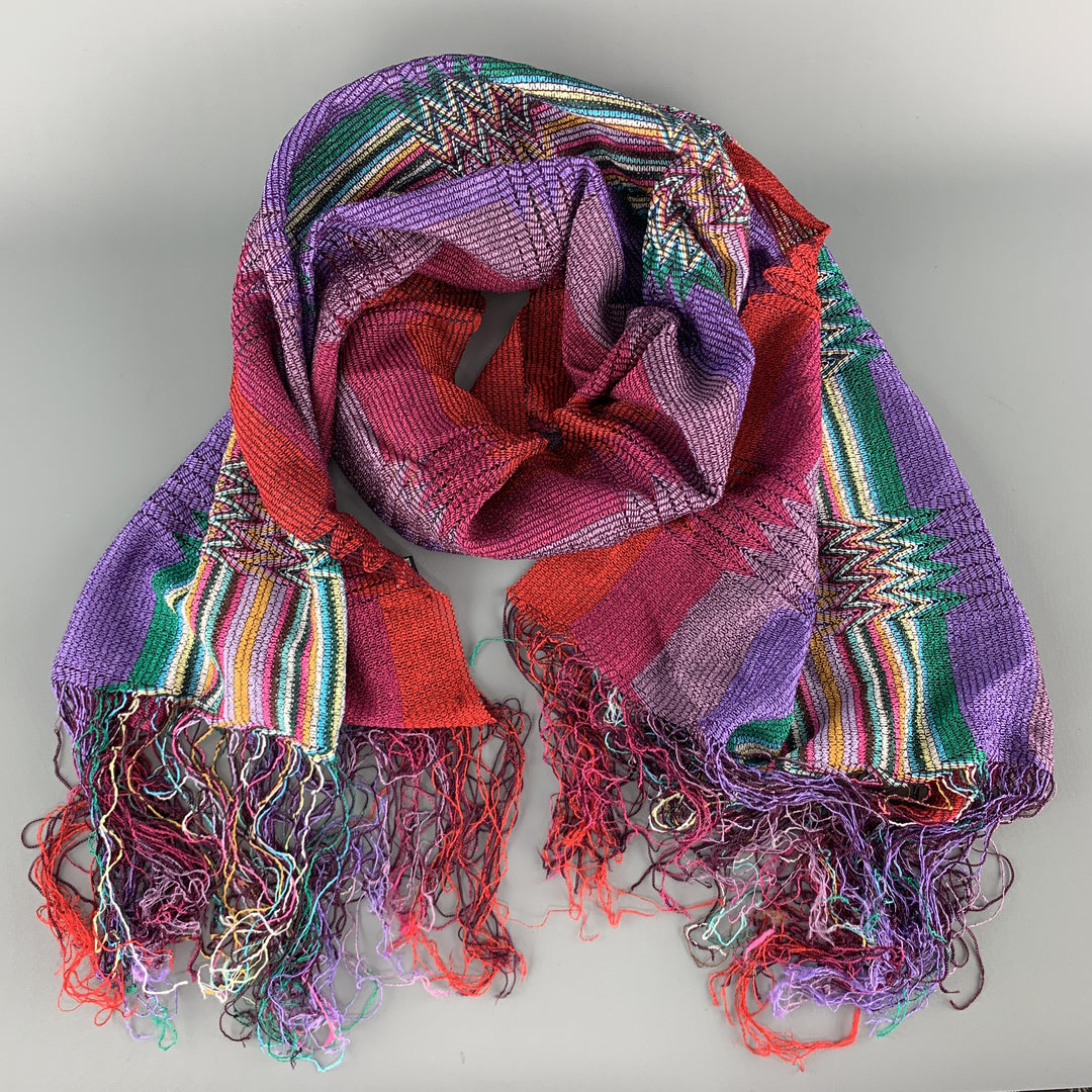MISSONI Multi-Color Striped Viscose Pleated Knit Fringe Scarf