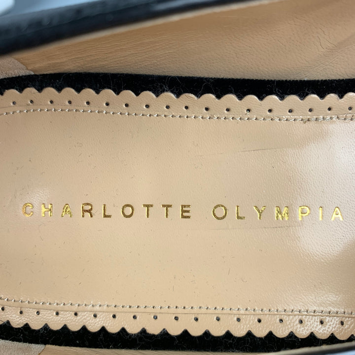 CHARLOTTE OLYMPIA Size 11 Black & Gold Embroidery Velvet Slip On Loafers