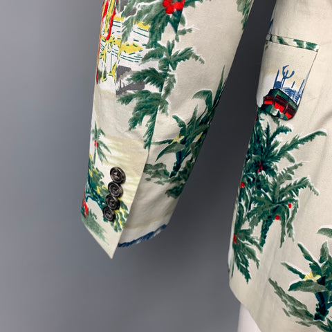 R13 Ivory Print Silk / Cotton Studded Shawl Collar Sport Coat
