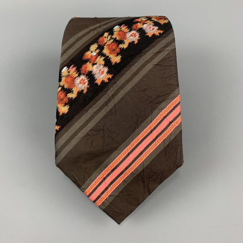 KENZO Brown & Pink Floral Striped Textured Silk Tie