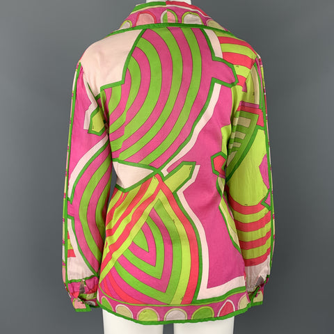 EMILIO PUCCI Vintage Size M Fuchsia & Green Print Cotton Spread Collar Blouse