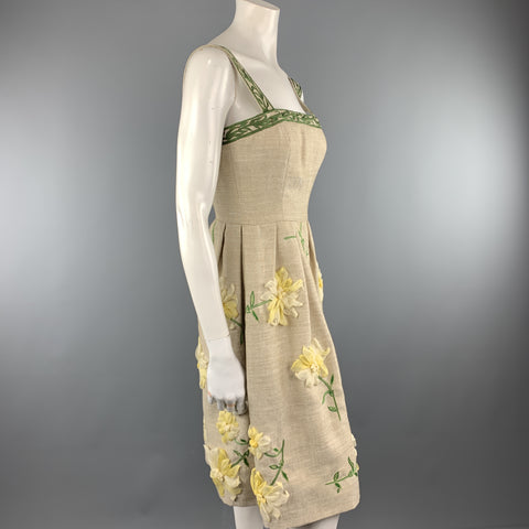 OSCAR DE LA RENTA Size 0 Taupe Woven Yellow Silk Flower Fit Flair Dress