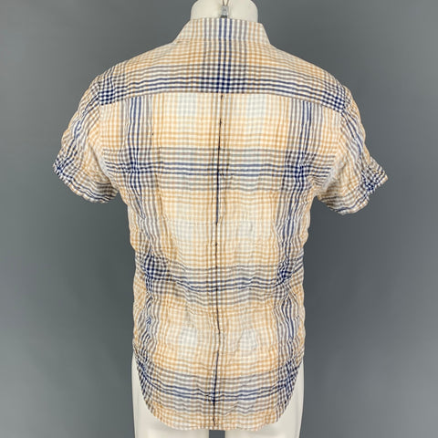 RAG & BONE Size L Navy Beige Checkered Cotton Short Sleeve Shirt