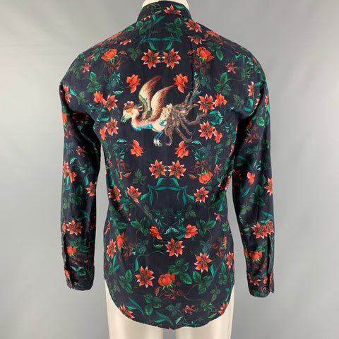 ETON Camisa de manga larga con botones de algodón floral azul marino, verde y naranja talla M
