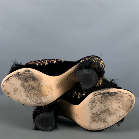 SANAYI 313 Zapatos de tacón tipo mulas bordados de terciopelo negro dorado talla 9