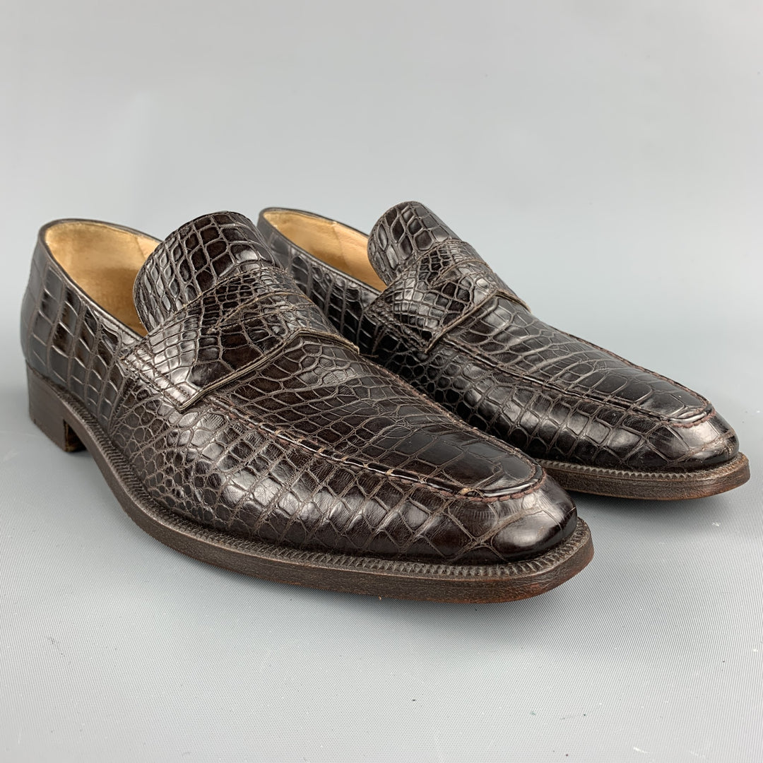 GRAVATI for WILKES BASHFORD Size 8.5 Brown Textured Crocodile Penny Loafers
