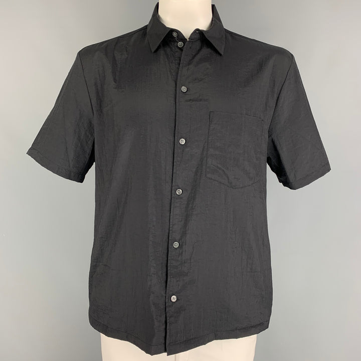 WEEKDAY Size L Black Textured Polyamide Button Up Short Sleeve Shirt