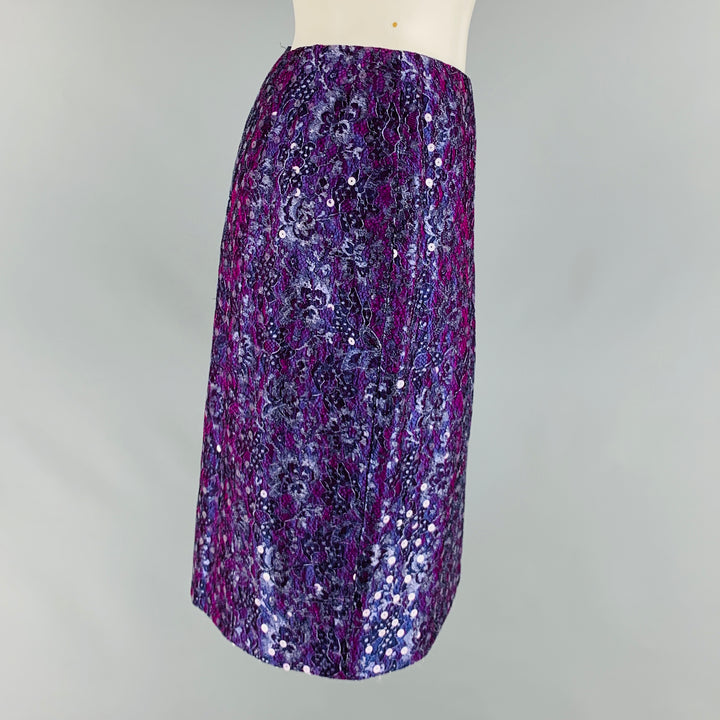 GEOFFREY BEENE Size 6 Purple Silver Lace Below Knee Skirt