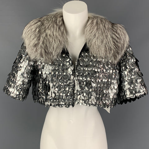 MARC JACOBS Talla 6 Chaqueta corta con cuello de piel de zorro en mezcla de lana plateada y negra