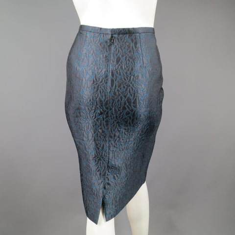 BARBARA TFANK Size 8 Charcoal Gray & Teal Rose Brocade Pencil Skirt