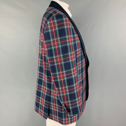 PAUL FREDERICK Size 46 Navy Red Green Plaid Wool Shawl Collar Sport Coat
