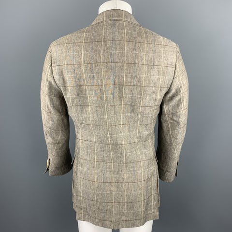LORO PIANA Size 38 Taupe Window Pane Linen Notch Lapel Sport Coat