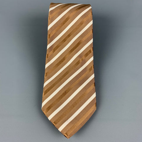 BRIONI Taupe White Brown Diagonal Stripe Silk Tie