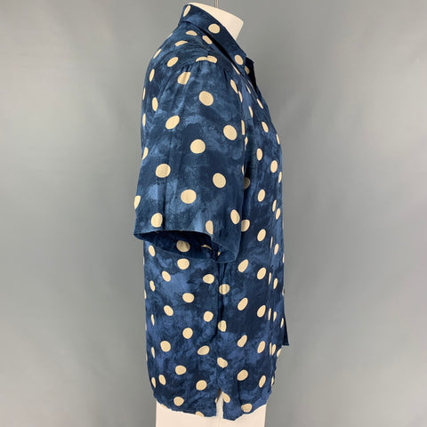 Vintage WILKE RODRIGUEZ Size M Blue White Polka Dot Rayon Short Sleeve Shirt