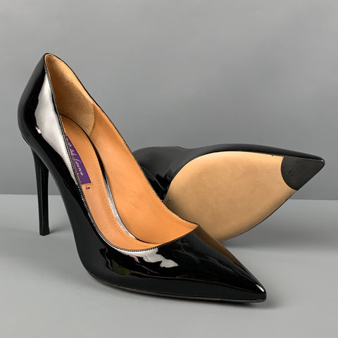 RALPH LAUREN Size 9.5 Black Leather Patent Leather Stiletto Celia Pumps