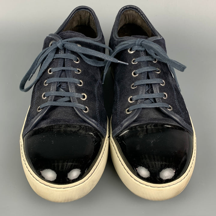 LANVIN Size 12 Navy & White Leather Lace Up Sneakers