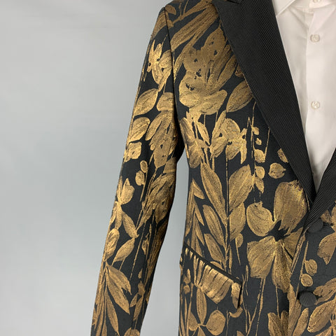 MR TURK Size 42 Black Gold Jacquard Polyester Cotton Peacoat Sport Coat