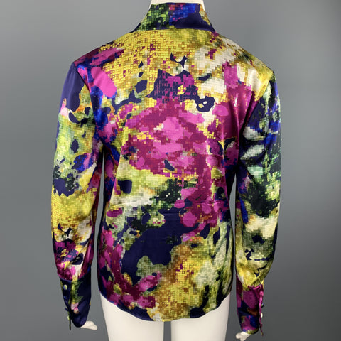 ST. JOHN Size 12 Purple MultiColor Floral Silk Rufle Blouse