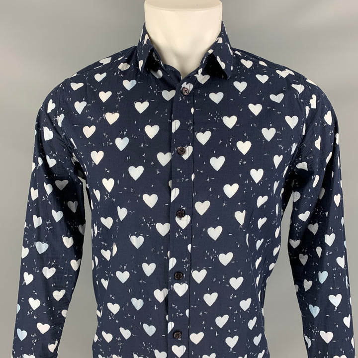 BURBERRY PRORSUM Pre-Fall 2013 Size S Navy & White Heart Print Long Sleeve Shirt