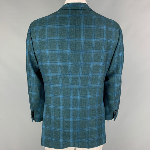 KITON Size 44 Dark Green Blue Plaid Cashmere Notch Lapel Sport Coat