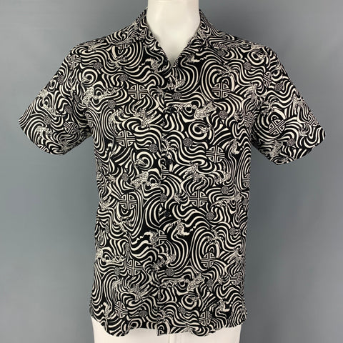 SHANGHAI TANG Size M Black White Abstract Silk Camp Short Sleeve Shirt