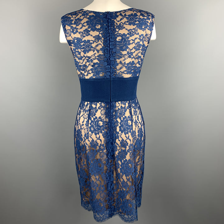 ROSANNA MANZONI Size 10 Blue Silk Lace Shift Cocktail Dress