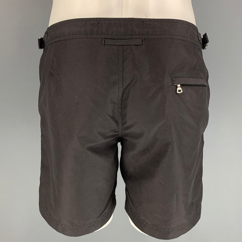 ORLEBAR BROWN Size 30 Black & Grey Dog Print Polyester Side Tabs Swim Trunks