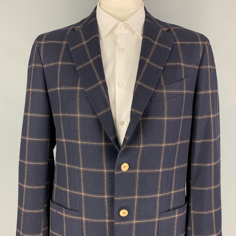 KITON Size 44 Navy Taupe Window Pane Cashmere Notch Lapel Sport Coat
