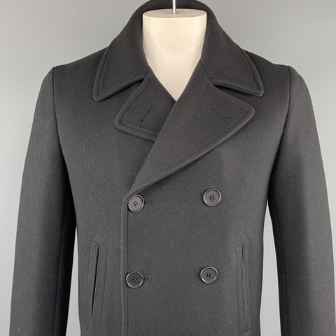 LACOSTE 40 Black Solid Wool Blend Double Breasted Peacoat