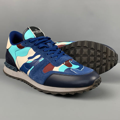VALENTINO Size 12 Blue Multi-Color Camo Leather Rockrunner Sneakers